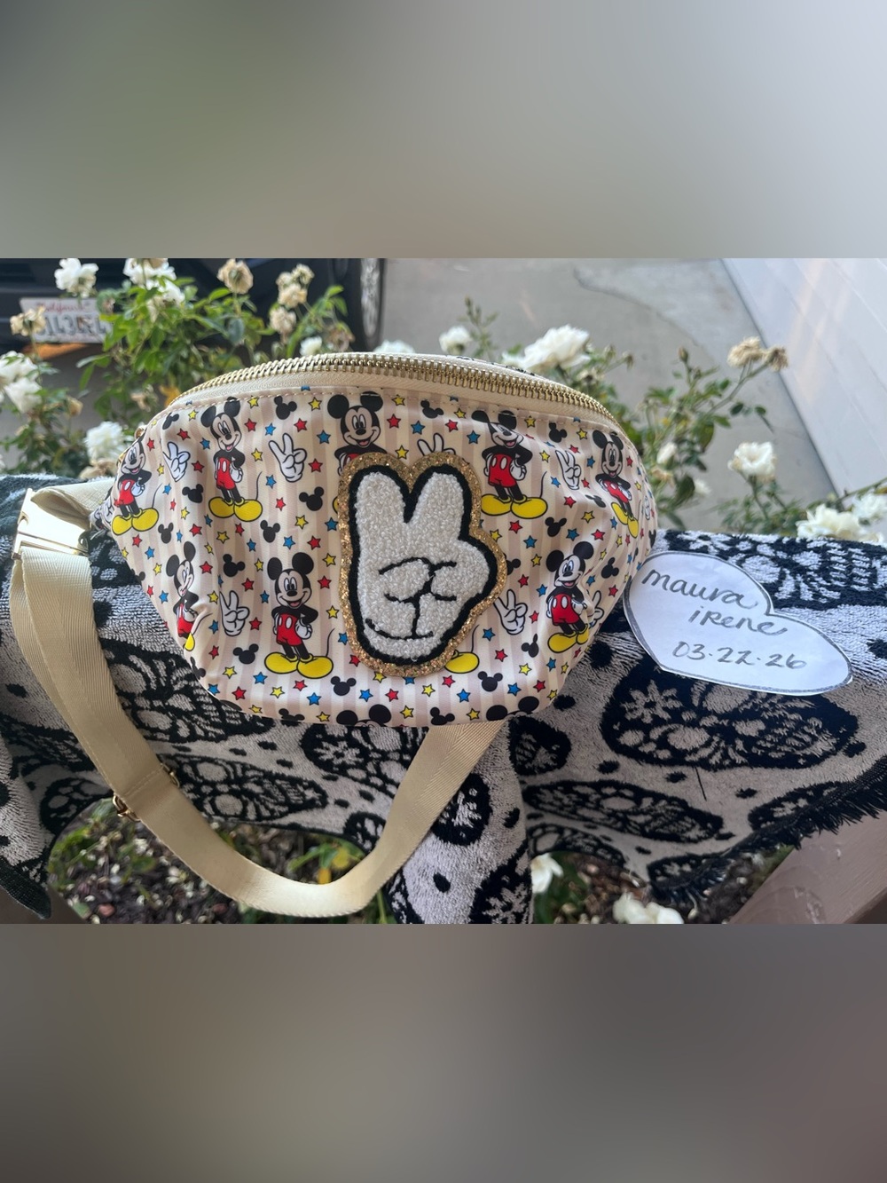 EUC REGULAR SIZE STONEY CLOVER LANE Mickey Mouse Cream Belt Bag with Peace Patch